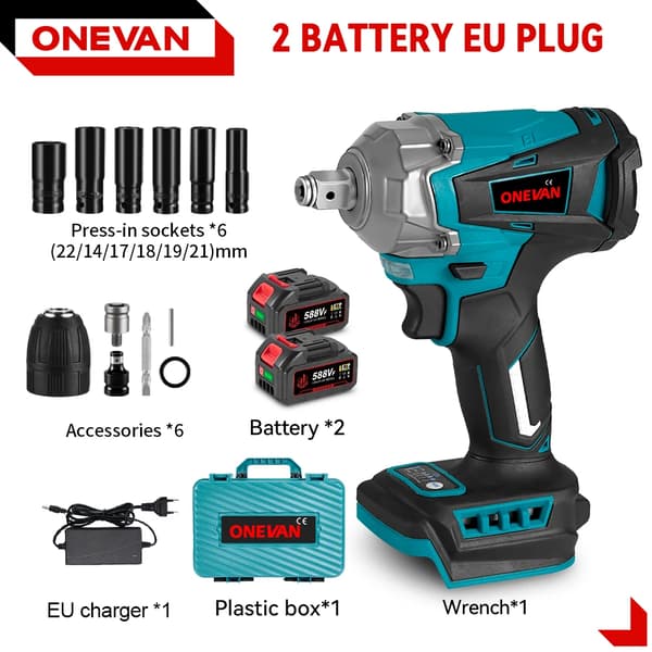 Elektrisk Slagnyckel, 1200 N.m Vridmoment, 18V Borstlös Motor,2Batteri-12st Set B