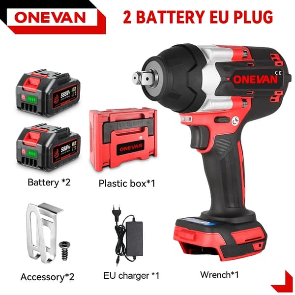 Børsteløs Elektrisk Slagnøgle, 1800N.M Moment, 7200 RPM Hastighed,2 Batteri EU Stik B