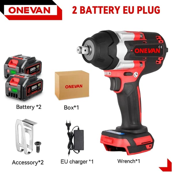 Borstlös elektrisk slagnyckel, 1800N.M vridmoment, 7200 RPM hastighet,2 Batteri EU Kontakt A