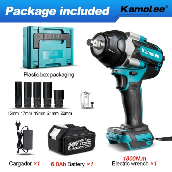 Elektrisk Slagnyckel, 1800 N.m Vridmoment, 7200 rpm Hastighet,EU, 1x6.0Ah Batteri Plast