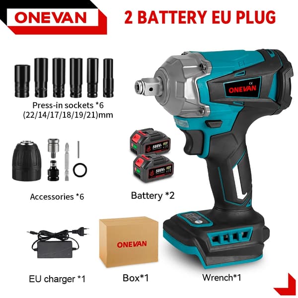 Elektrisk Slagnyckel, 1200 N.m Vridmoment, Borstlös Motor,2 batteriset