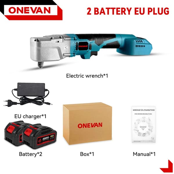ONEVAN Elektrisk Skruenøgle, 1000NM Moment, 4800RPM Hastighed,2 Batteri EU Stik