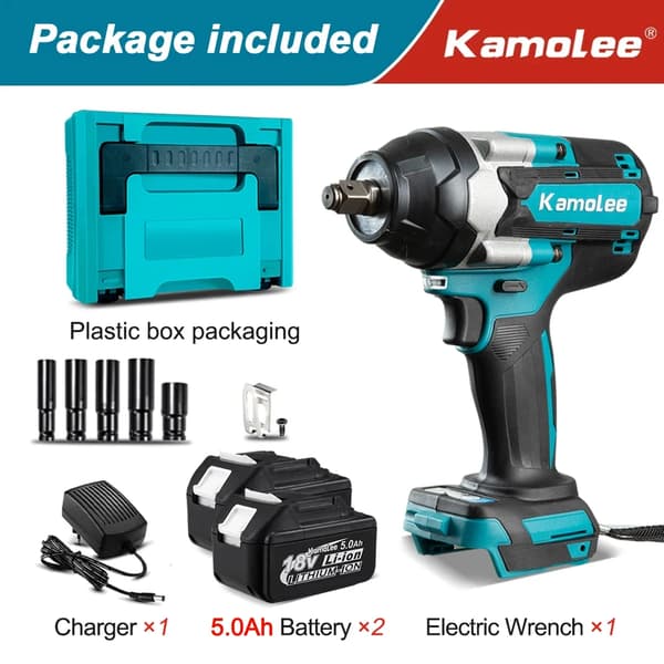 Kamolee Elektrisk Slagnøgle, 1200N.m Moment, Børsteløs Motor, Genopladeligt Batteri,EU, 2x5.0Ah Batteri Plastik