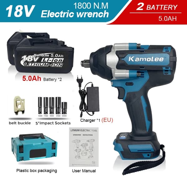 Kamolee Elektrisk Skruenøgle, 1800 N.M Moment, 18V Batterikraft,2x5.0Ah Bat Plastik