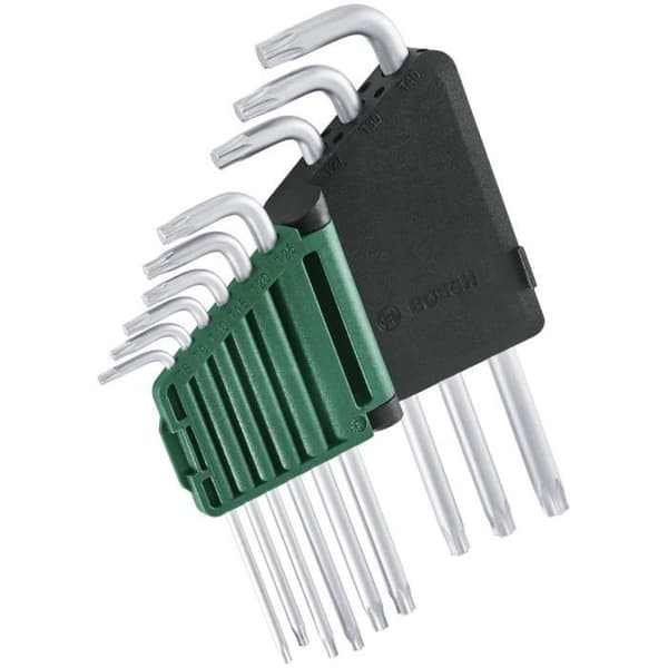 Bosch 9-delad Torx-nyckelsats (multifunktionsnycklar av S2-stål TX8-TX40 långsida, rostfri yta, förvaringsskena)