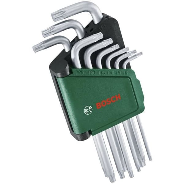 Bosch 9-delad Torx-nyckelsats (multifunktionsnycklar av S2-stål TX8-TX40 långsida, rostfri yta, förvaringsskena)
