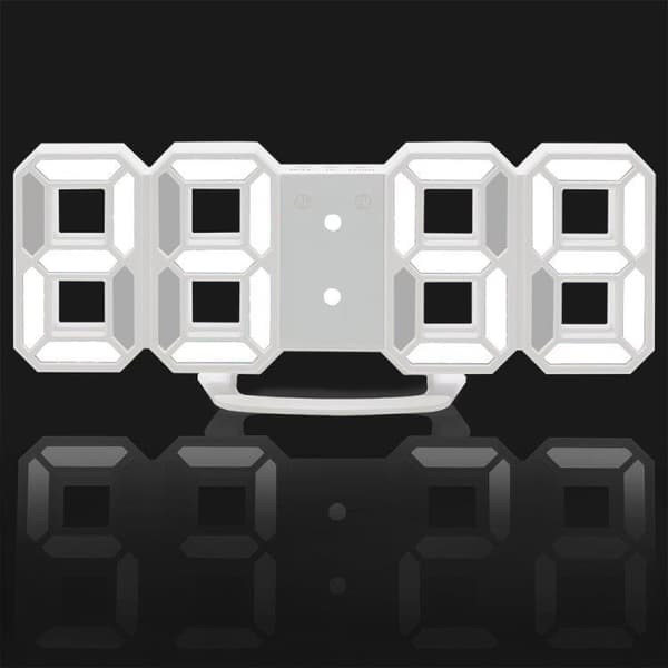 Stor 3D digital veggklokke / vekkerklokke med hvitt LED-lys - Multifunksjonell