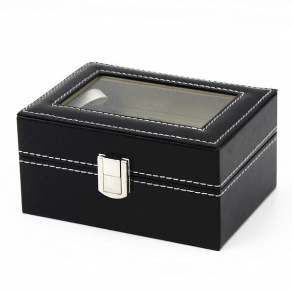 Watchbox Klockbox för 3 st klockor svart med vit söm och fönster