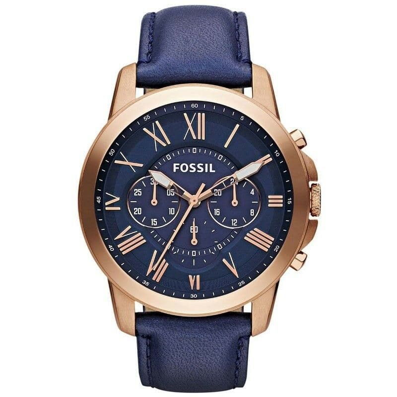 Fossil FS4835 Grant Rose Gold tone Case Blue Leather Band Men's Watch