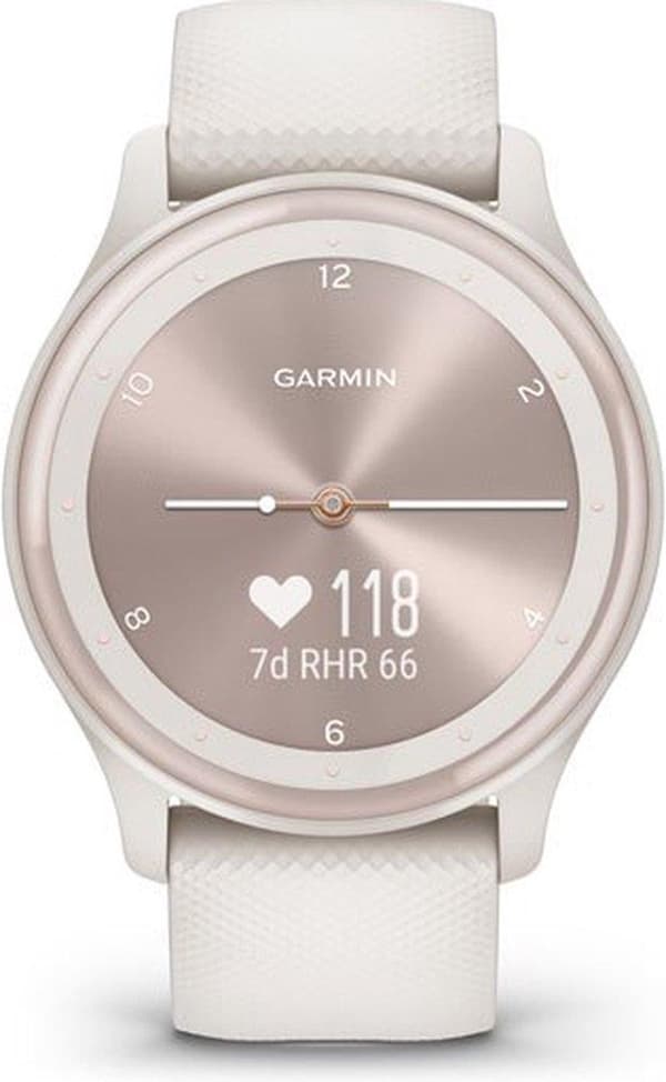 Garmin Vivomove Sport Hybrid -älykello - Oikeat kädet - Piilotettu kosketusnäyttö - Yhdistetty GPS - Ivory/Peach Gold