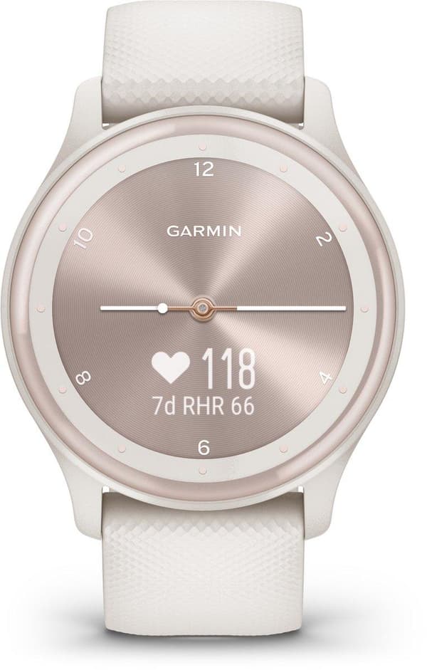 Garmin Vivomove Sport Hybrid smartwatch - Rigtige visere - Skjult touchskærm - Tilsluttet GPS - Elfenben/fersken guld Elfenben
