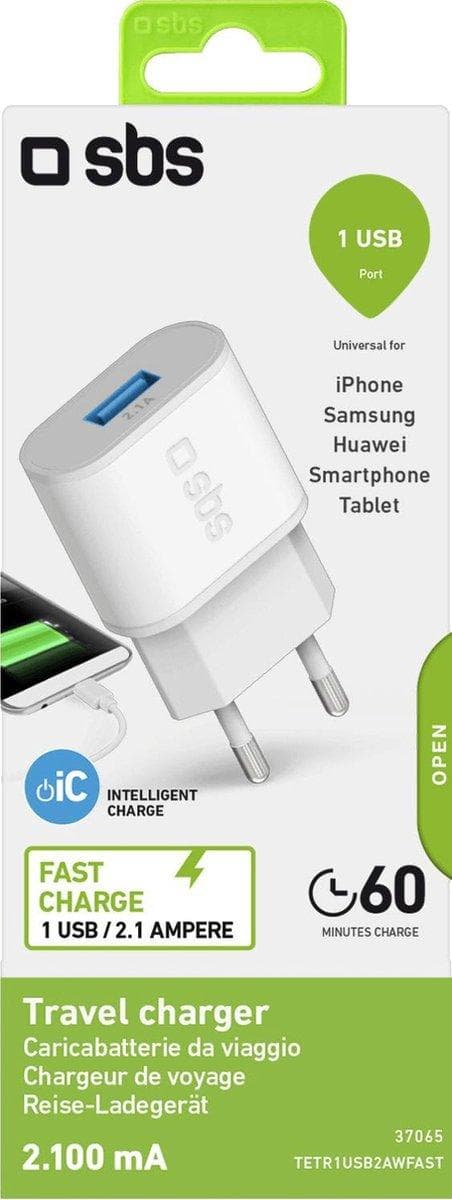 SBS Mobil 1-Port USB A Hjemmeoplader 2.1A - Hvid