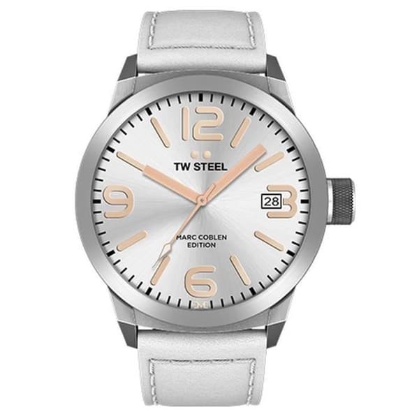 Herrklocka - TW Steel - TWMC44 - Silver - Vitt läder - Analog kvarts