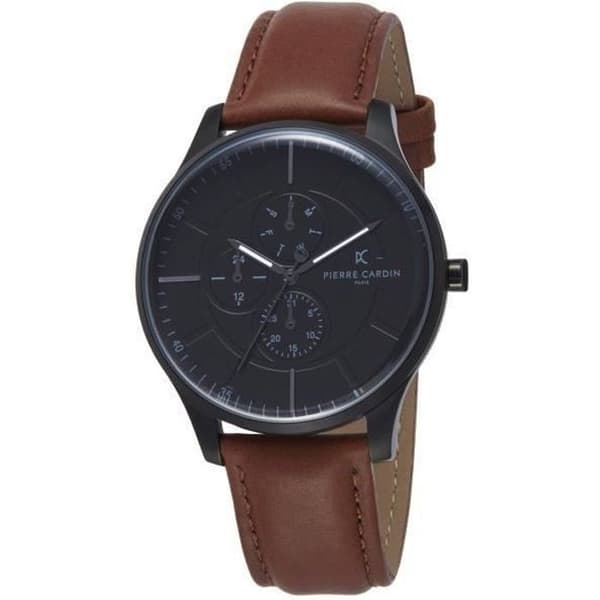 Pierre Cardin herrkvarts multi-urtavla brun läderklocka PC902731F119