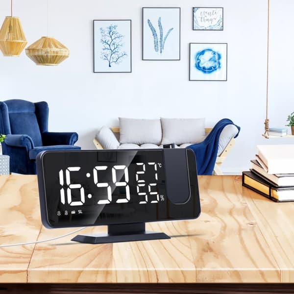 Väckarklocka med spegelglas och LED-projektor, projicerar tiden på vägg/tak - Svart