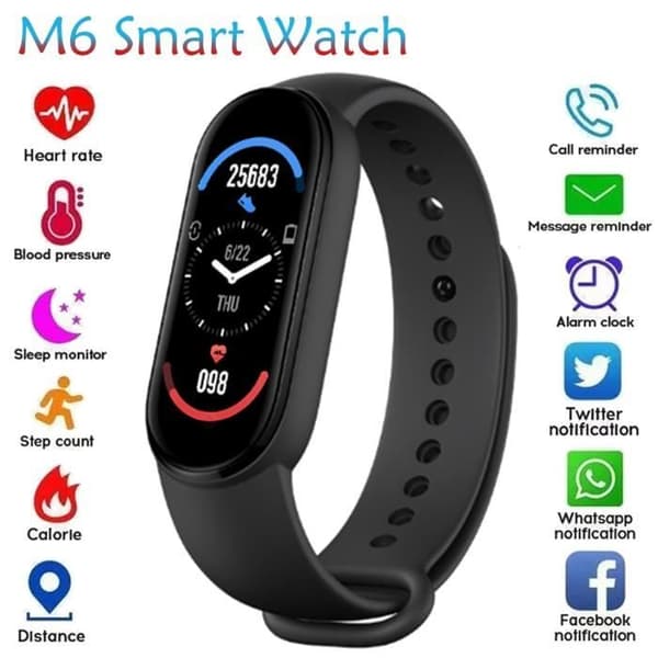 Band M6 Smartwatch, Blodtrycksmätare, Fitness Tracker, Färgskärm, Klocka i BK -JEAI2516