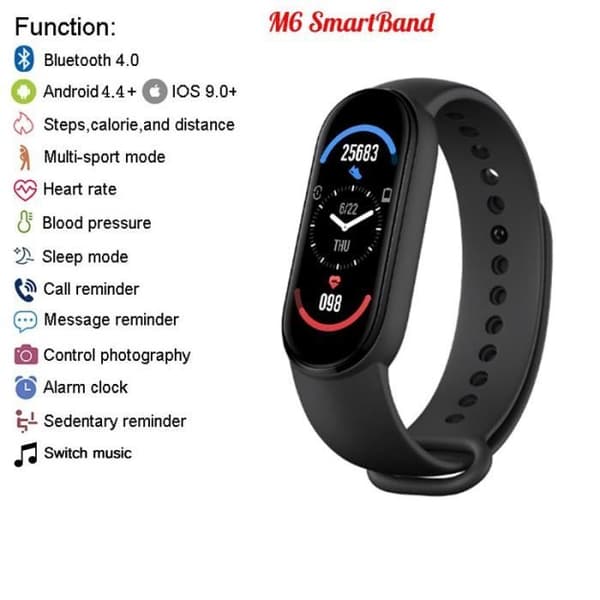 M6 Smart Watch för män och kvinnor, pulsblodtrycksmätare, fysisk aktivitet svart -YL867
