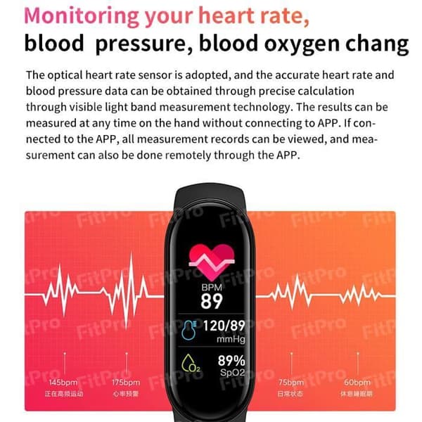 M6 bärbart smart armband Vattentät fitnessklocka med puls, blodtryck och lämplig sömn