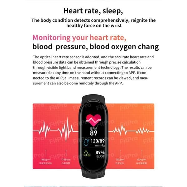 Black-M7 Smart Watch för män och kvinnor, Fitness Tracker, Vattentät, Ry Monitor