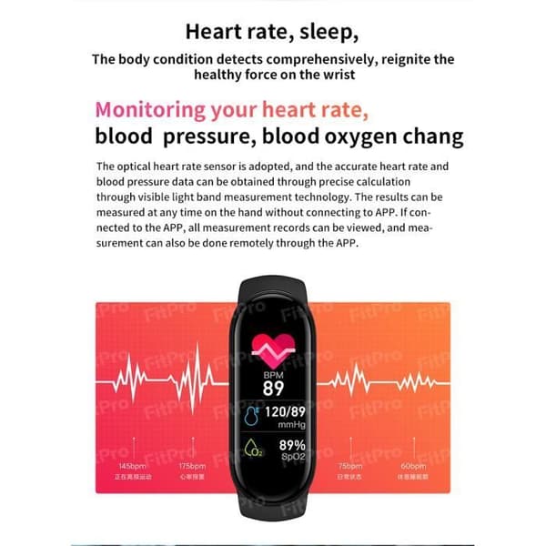 Black-M7 Smart Watch för män och kvinnor, Fitness Tracker, Puls- och Blodtrycksmätare