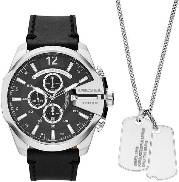 Klocka - DIESEL - MEGA CHIEF - Svart läder - Runt fodral 51 mm - Halsband ingår