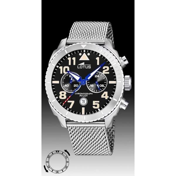 Herrklocka - Lotus - 18704/3 - Pilot Chronograph - Svart urtavla - Milanese stålarmband - 100m vattentät