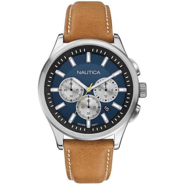 Klocka - Nautica - A16695G - Kvarts - Blå urtavla - Brun läderarmband - WR 100mt