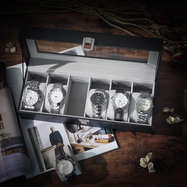 Rootz Watch Box - Med lock och lås av glas - Klockorganisator med glastop - Vitrine för 6 klockor - MDF - Sammet - PU - Glas - Svart-grå - 30 x 11,2 x