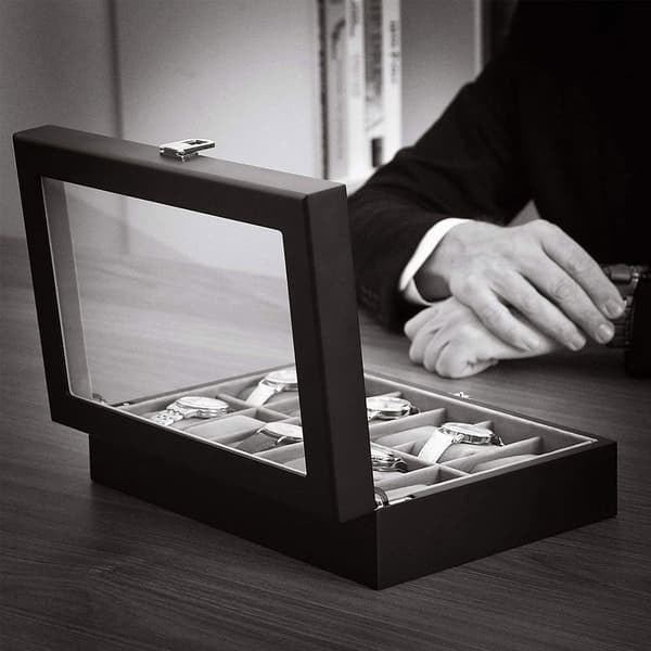 Rootz Urkasse - Med glaslåg og lås - Urorganisator med glastop - Vitrine til ure - MDF - Fløjl - PU - Glas - Sort - 32 x 18,6 x 8,5 cm (L x B x H)
