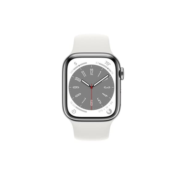 Apple Watch 8 GPS + Cellular 41 mm sportband i rostfritt stål, silver/vit (MNJ53EL/A)