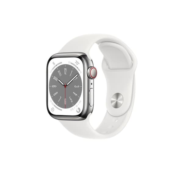 Apple Watch 8 GPS + Cellular 41 mm sportband i rostfritt stål, silver/vit (MNJ53EL/A)