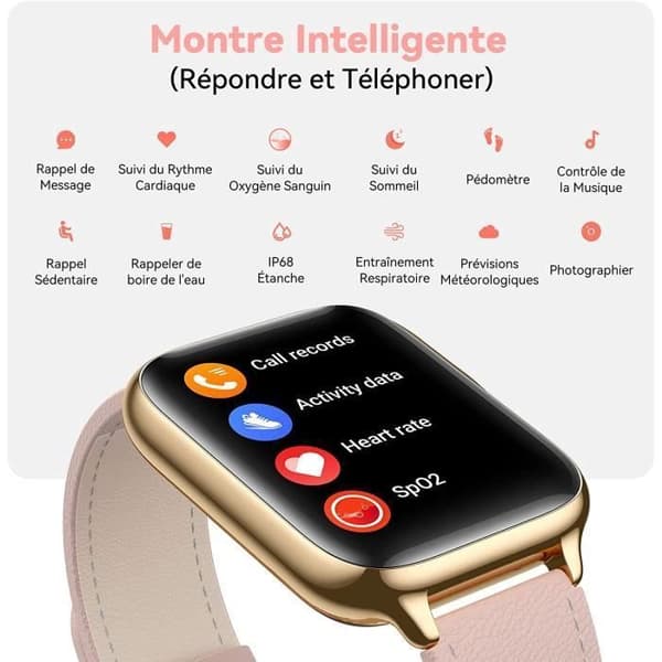 Damklocka med Bluetooth Call Connected, 1,7'' Smart Smartwatch med Oximeter, Stegräknare, IP68 Vattentät för Android iOS - Rosa