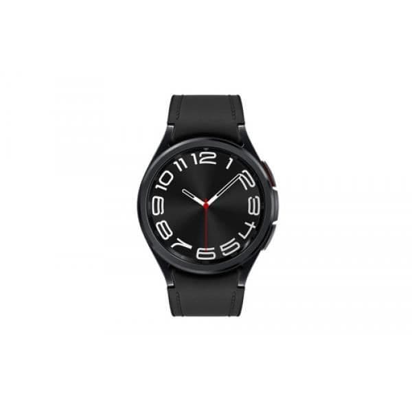 Samsung Galaxy Watch6 Classic. Pekskärm. Batterikapacitet: 300 mAh. Vikt: 52g. Färg på bandet: Svart. Systemet