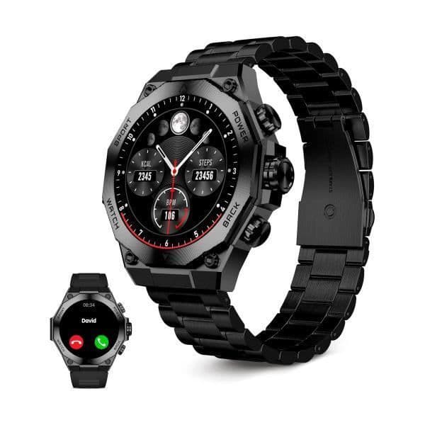 KSIX Titanium Black Round Dial Smart Watch med 1,43" AMOLED-pekskärm, Bluetooth 5.3-anslutning, vattentäthet