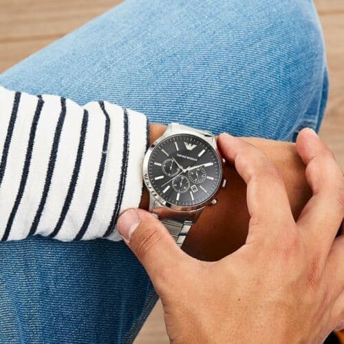 NEW GENUINE EMPORIO ARMANI STAINLESS STEEL MENS WATCH AR2460 BLACK DIAL & SILVER