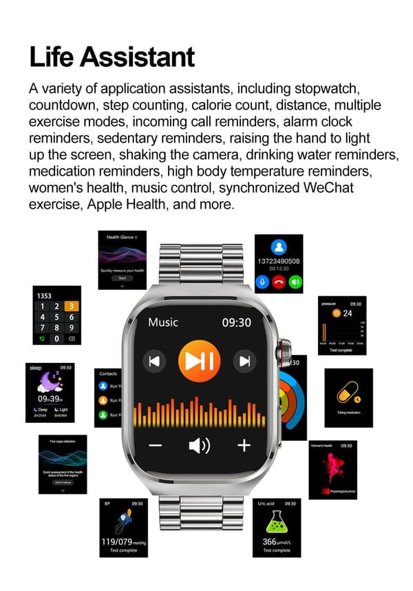 INF Smartur med metalarmbånd EKG, puls, blodtryk, søvn, skridttæller Sølv
