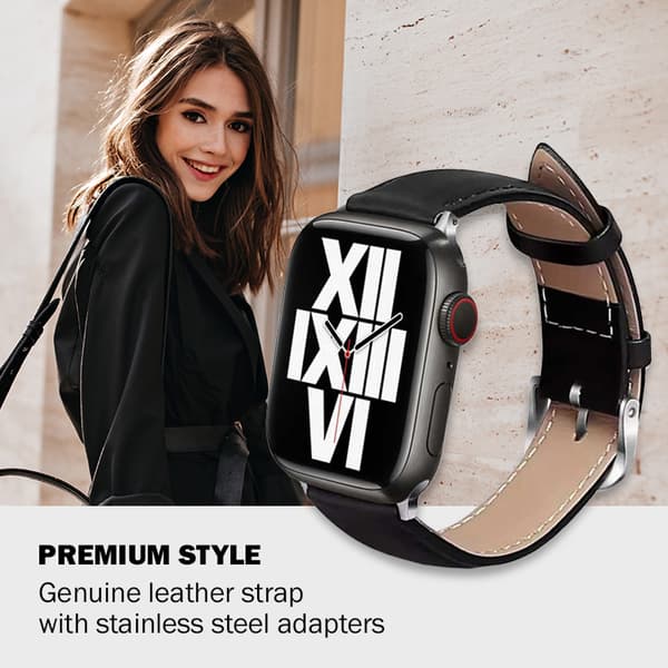 Crong Noble Band - Naturlig læderrem til Apple Watch 42/44/45/49 mm (Sort Noir)