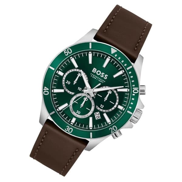 Hugo Boss mörkbrun läderkronografklocka med grön urtavla för män - 1514098