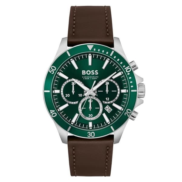 Hugo Boss mörkbrun läderkronografklocka med grön urtavla för män - 1514098