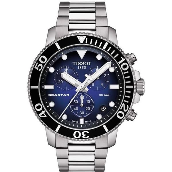 Montre Tissot Seastar 1000 Chronograph - Herrarmband i stål - Vit färg - Vattentät 30 Atm