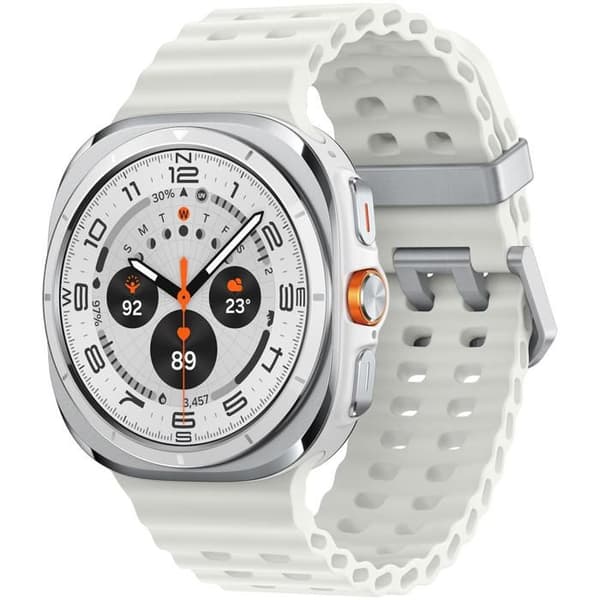 Smart klocka med 47 mm urtavla, 1,47", 480 x 480. Samsung Galaxy Watch Ultra i vitt, anslutningsmöjligheter, 4G, WiFi 5, NFC och