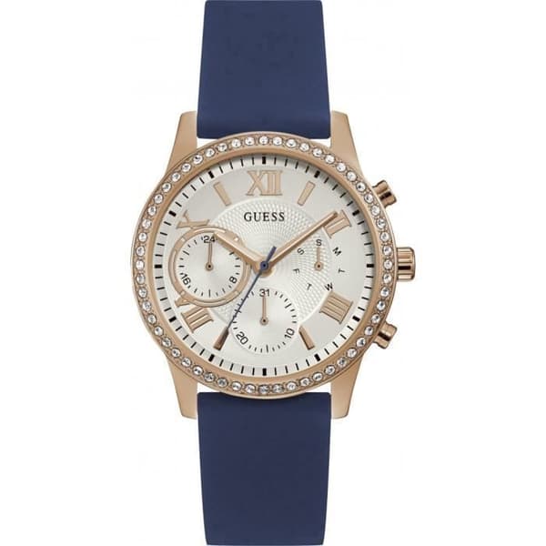 Klocka - Guess - 40 mm - Rostfritt stål i roséguld - Blå silikon - 5 ATM vattentäthet