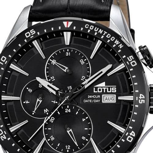 LOTUS Multifunktions Analog Quartz Black Läderklocka UL18312-4 för män