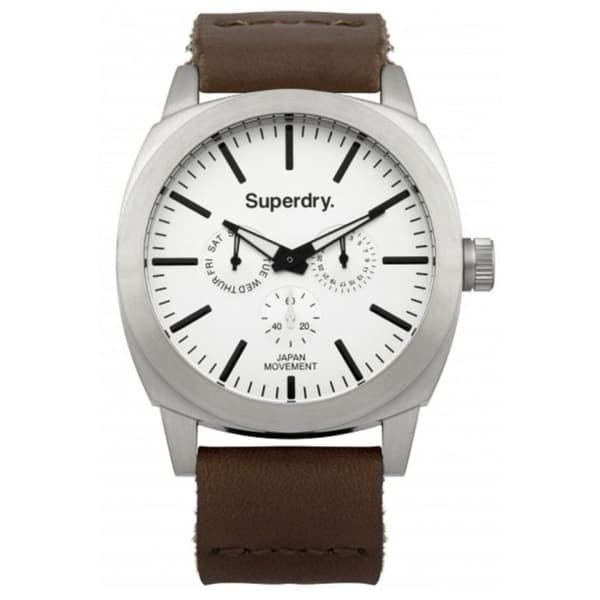 SUPERDRY stålklocka med mörkbrunt läderb...