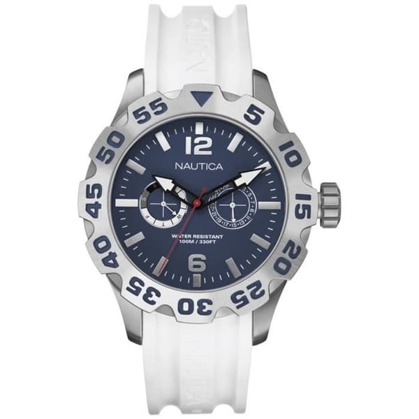 NAUTICA BFD A16616G herrklocka. Sport. Datum. 100. Blå. Grå. Vit. Runda. Kvarts. Analog. Sudd. Rostfritt stål. Slinga