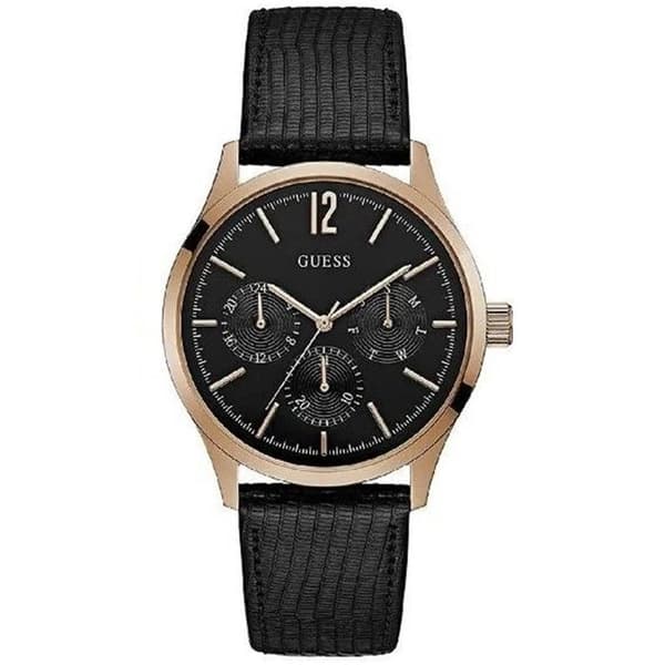 Klocka - Guess - W1041G3 - Svart läder - Rund boett 42 mm - Datumvisare