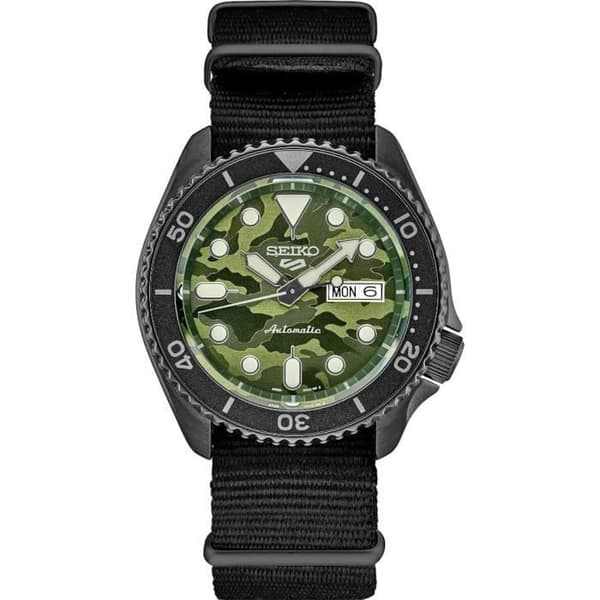Klocka - Seiko - 5 SRPJ37 - Mekanisk - Grön Urskiva - Svart Tygarmband