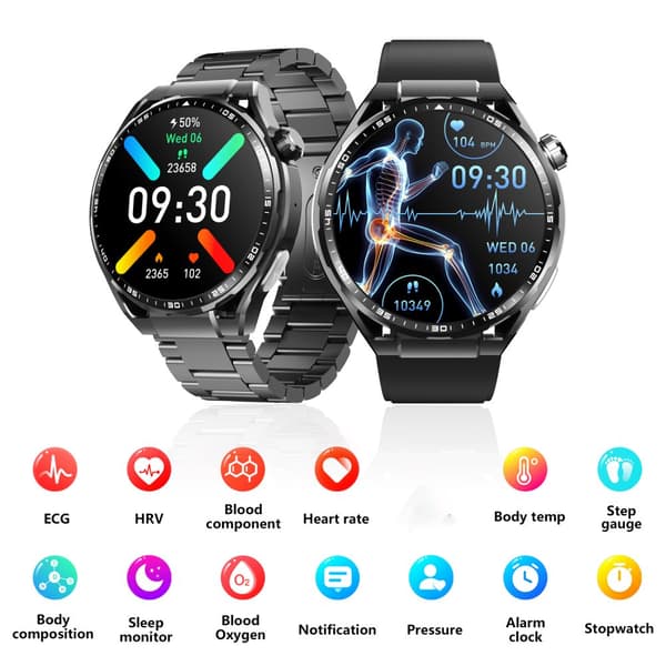 INF Smartklocka med EKG, pulsmätare, fitnesstracker och flera sportlägen Svart silikonband
