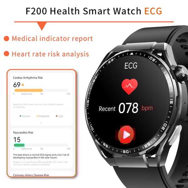INF Smartklokke med EKG, hjertefrekvensmåler, aktivitetsmåler og flere sportsmoduser Svart lærreim