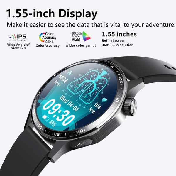 INF Smartwatch med EKG, pulsmåler, blodtryksmåler og skridttæller Black Bamboo Edition rem
